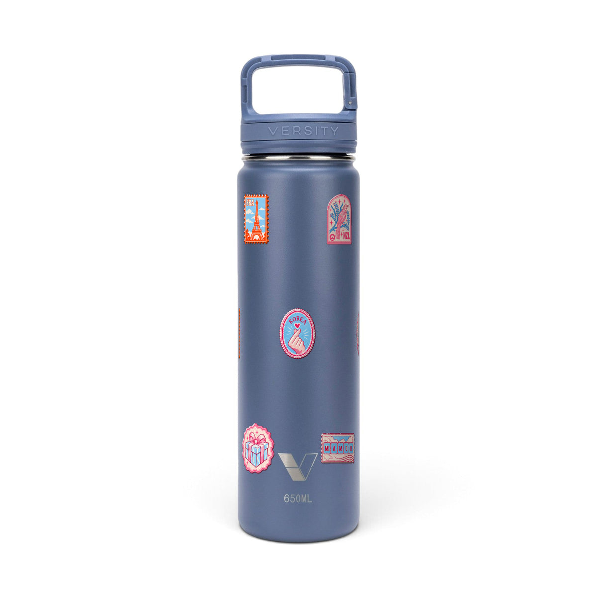 Garrafa Térmica Versity ColdKeeper 650ml Selos de Viagem Azul, frente