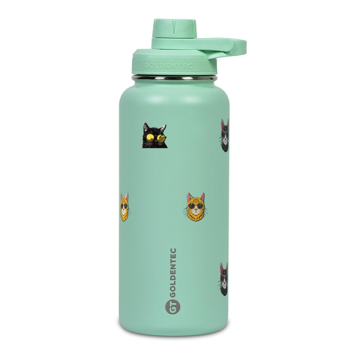 Garrafa Térmica Goldentec 1000ml Gatos de Óculos Verde Menta, frente