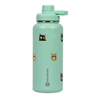 Garrafa Térmica Goldentec 1000ml Gatos de Óculos Verde Menta, frente
