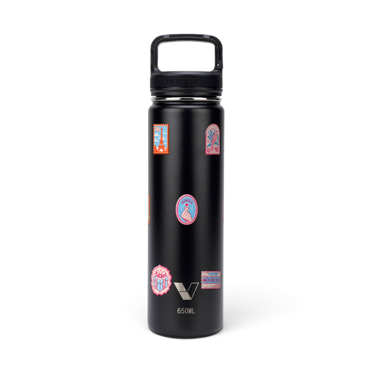 Garrafa Térmica Versity ColdKeeper 650ml Selos de Viagem Preta, frente