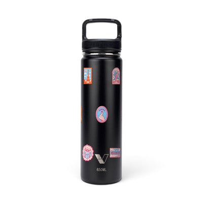 Garrafa Térmica Versity ColdKeeper 650ml Selos de Viagem Preta, frente
