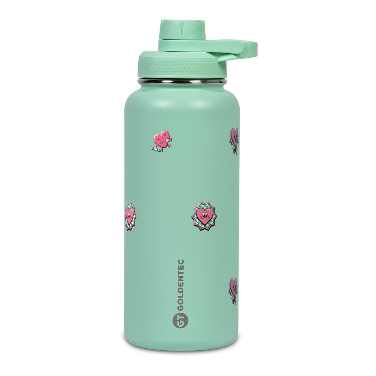 Garrafa Térmica Goldentec 1000ml Corações Verde Menta, frente