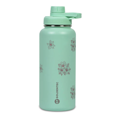 Garrafa Térmica Goldentec 1000ml Floral Rosa Verde Menta, frente