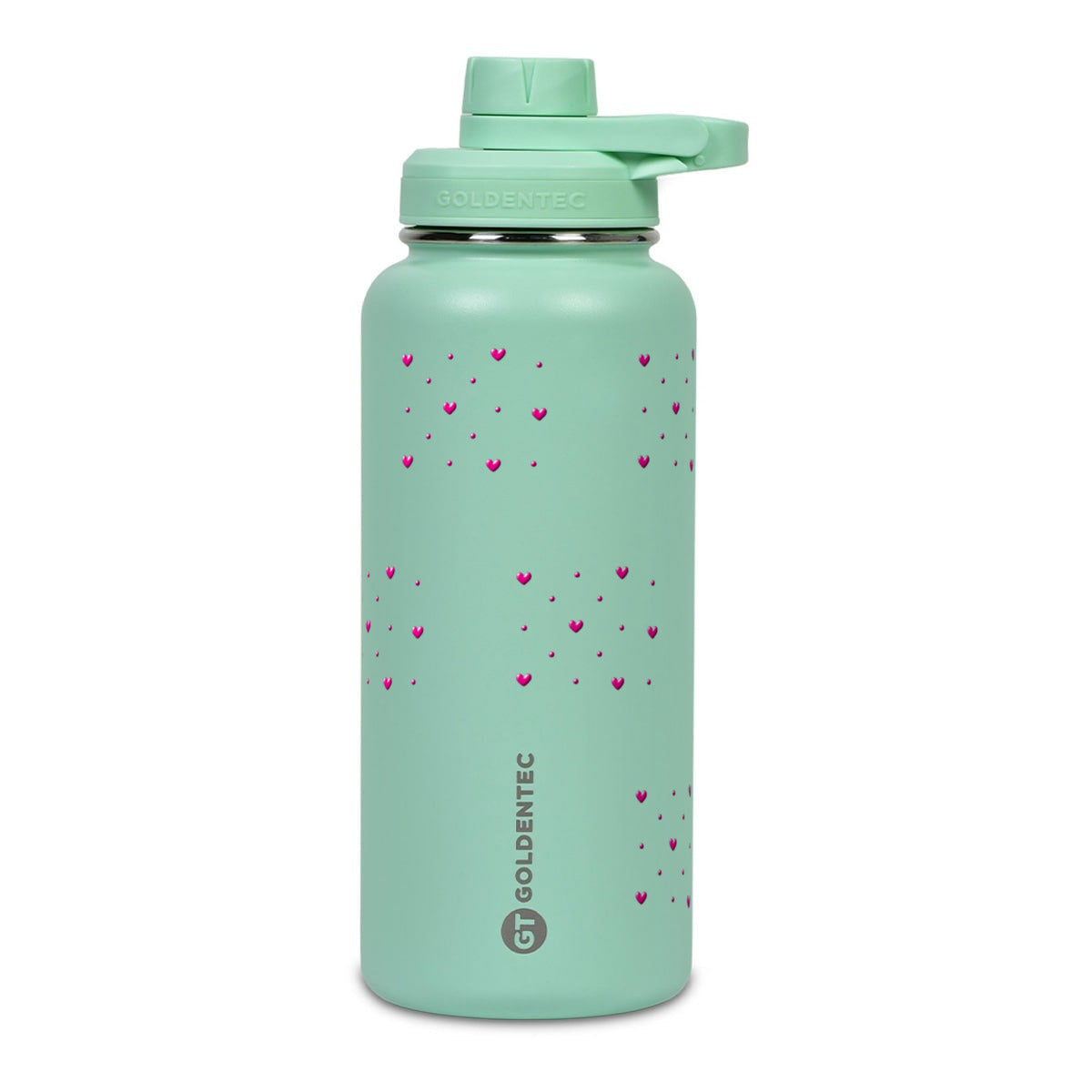 Garrafa Térmica Goldentec 1000ml Corações Rosa Verde Menta, frente