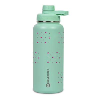 Garrafa Térmica Goldentec 1000ml Corações Rosa Verde Menta, frente