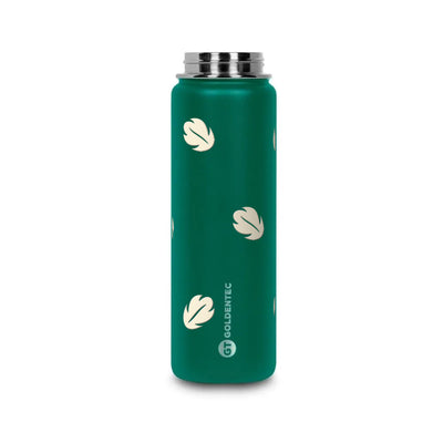 Garrafa Térmica Goldentec 750ml Folhas Creme Verde Militar, frente