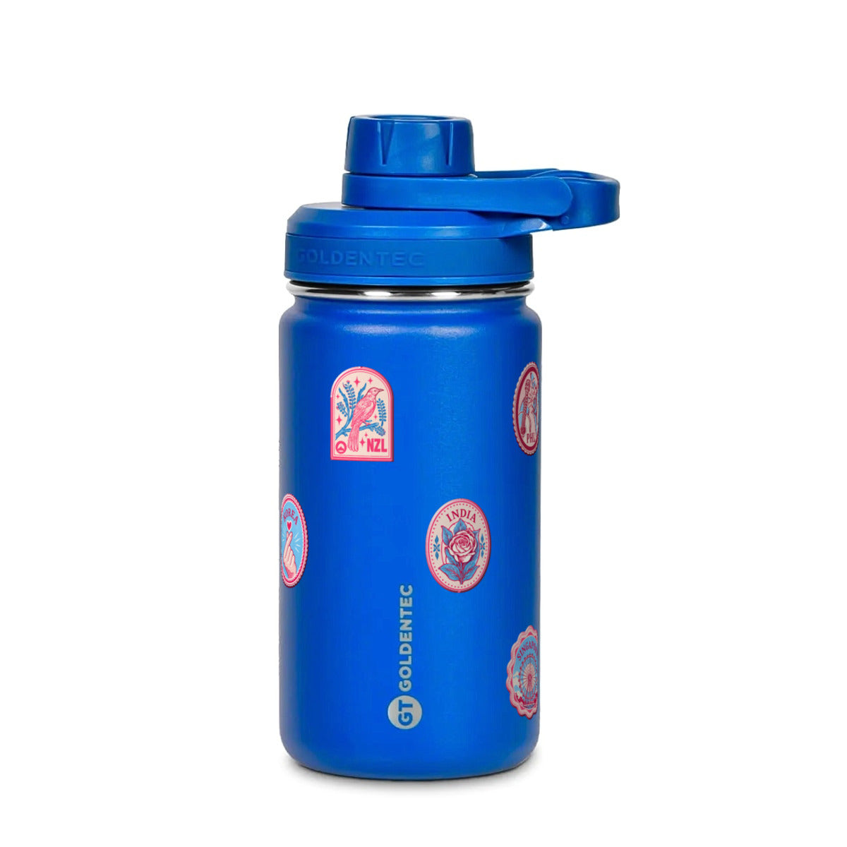 Garrafa Térmica Goldentec 350ml Selos de Viagem Azul, frente
