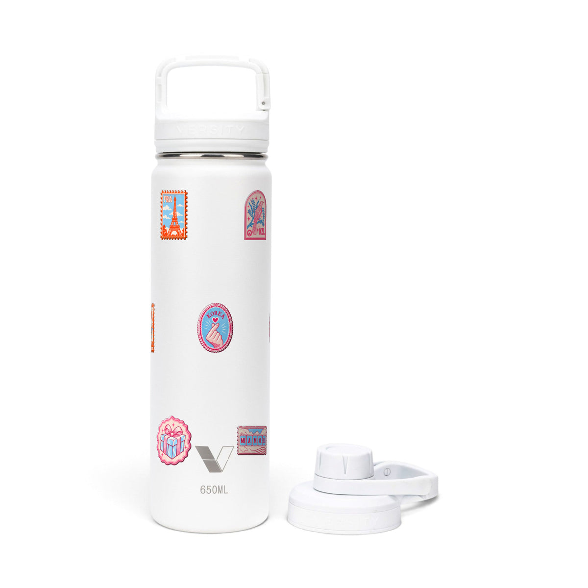 Garrafa Térmica Versity ColdKeeper 650ml Selos de Viagem Branca, kit