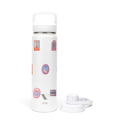 Garrafa Térmica Versity ColdKeeper 650ml Selos de Viagem Branca, kit