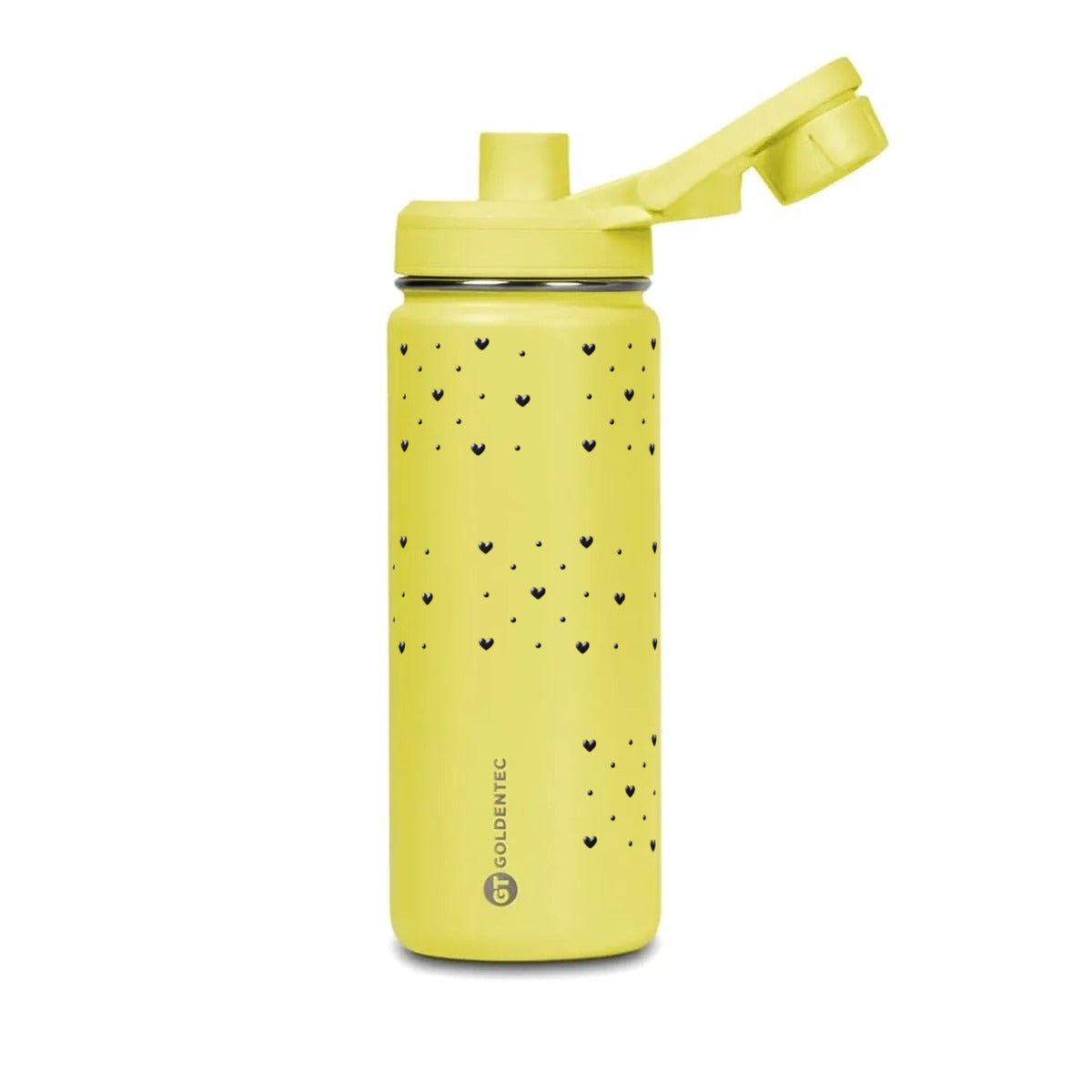 Garrafa Térmica Goldentec 500ml Corações Preta Amarela, com a tampa aberta