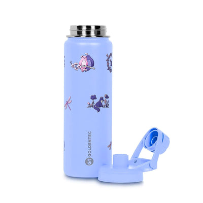 Garrafa Térmica Goldentec 750ml Natureza Lilás Lavanda, com a tampa aberta