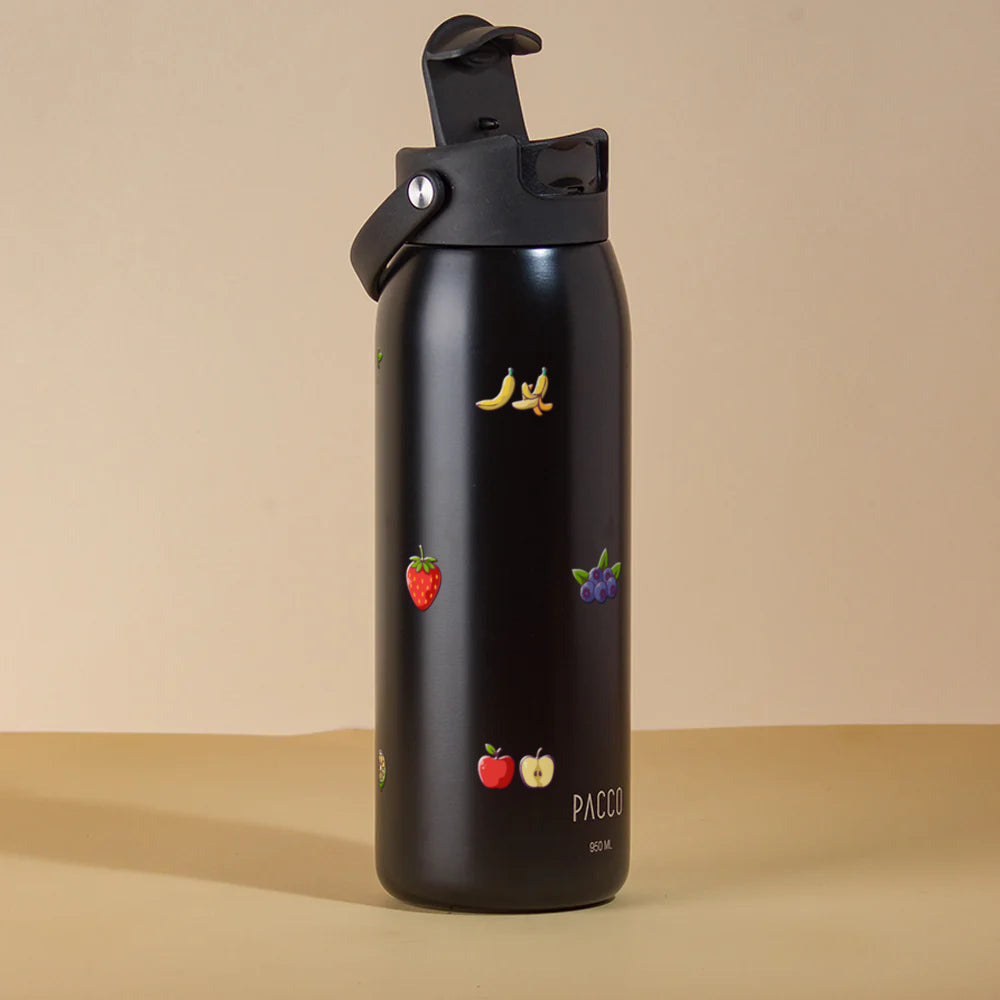 Garrafa Térmica PACCO Easy 950ml Frutas Preto, com a tampa aberta