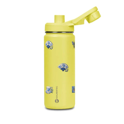 Garrafa Térmica Goldentec 500ml Porcelana Azul Amarela, com a tampa aberta