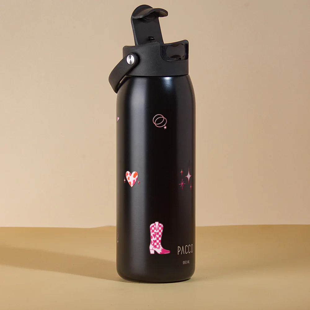 Garrafa Térmica PACCO Easy 950ml Country Rosa Preto, com a tampa aberta