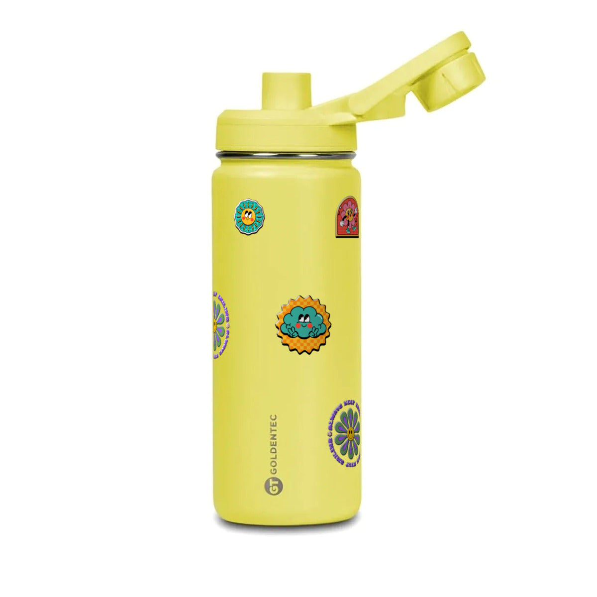 Garrafa Térmica Goldentec 500ml Retrô Good Vibes Amarela, com a tampa aberta