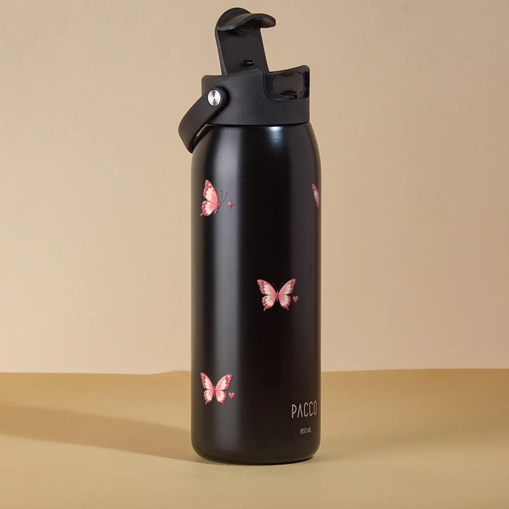 Garrafa Térmica PACCO Easy 950ml Rosé Butterfly Preto, com a tampa aberta