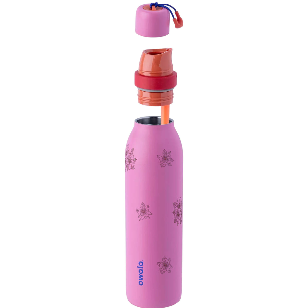 Garrafa Térmica Owala Twist 710ml Floral Rosa Fruit Punch, com a tampa aberta