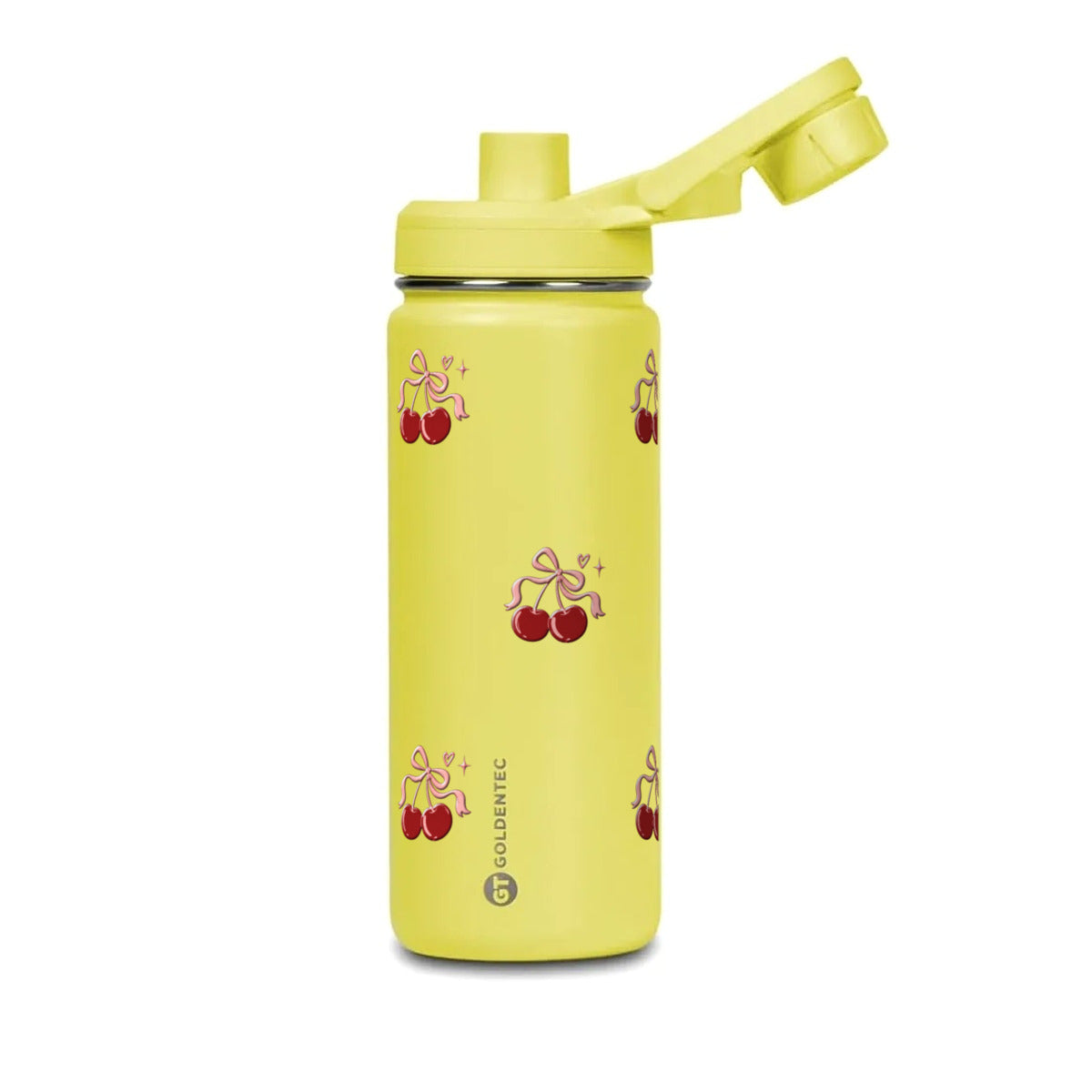 Garrafa Térmica Goldentec 500ml Cereja Pop Amarela, com a tampa aberta