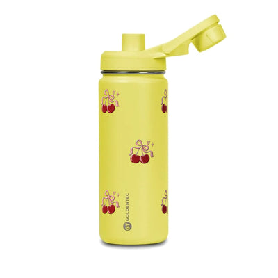 Garrafa Térmica Goldentec 500ml Cereja Pop Amarela, com a tampa aberta