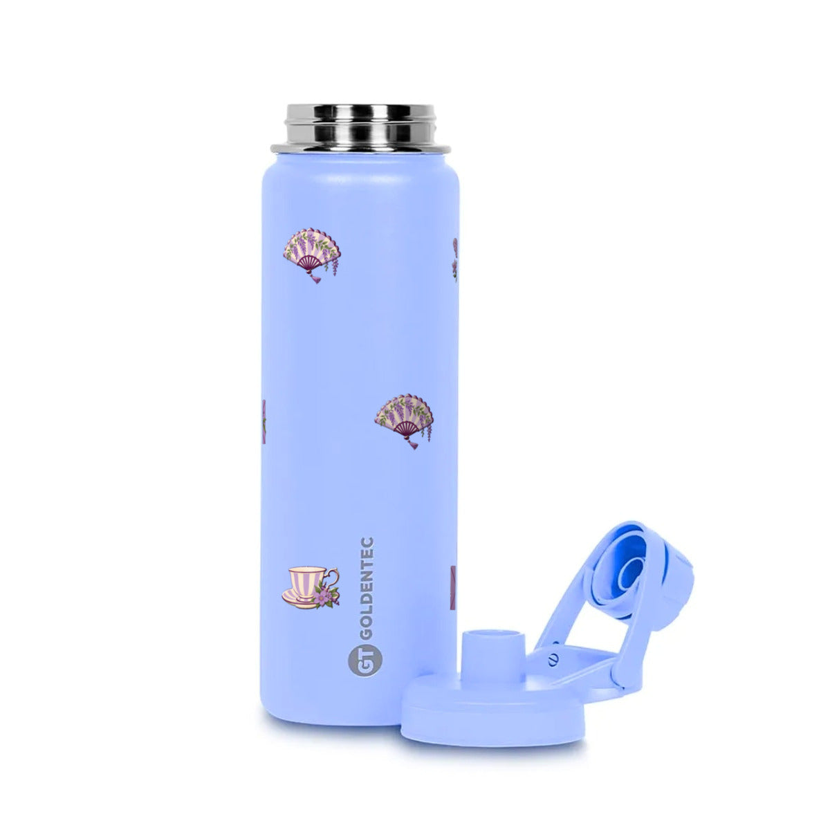 Garrafa Térmica Goldentec 750ml Lavanda Botânica Lavanda, com a tampa aberta
