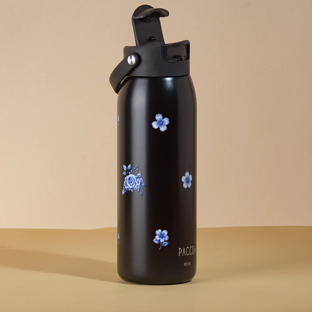 Garrafa Térmica PACCO Easy 950ml Jardim Azul Preto, com a tampa aberta