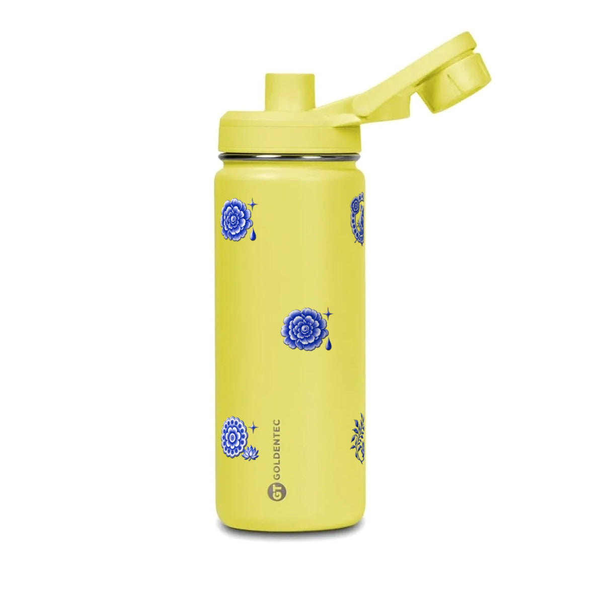 Garrafa Térmica Goldentec 500ml Porcelana de Coalas Amarela, com a tampa aberta