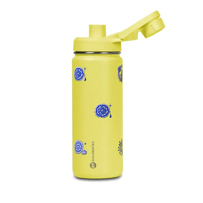 Garrafa Térmica Goldentec 500ml Porcelana de Coalas Amarela, com a tampa aberta
