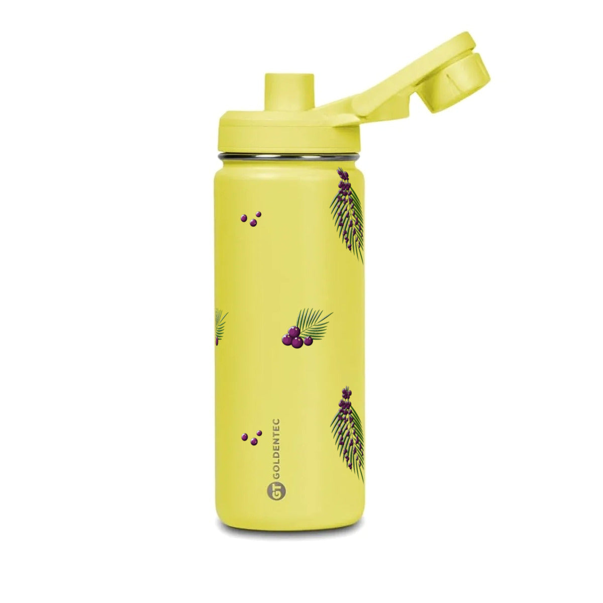 Garrafa Térmica Goldentec 500ml Açaí Amarela, com a tampa aberta