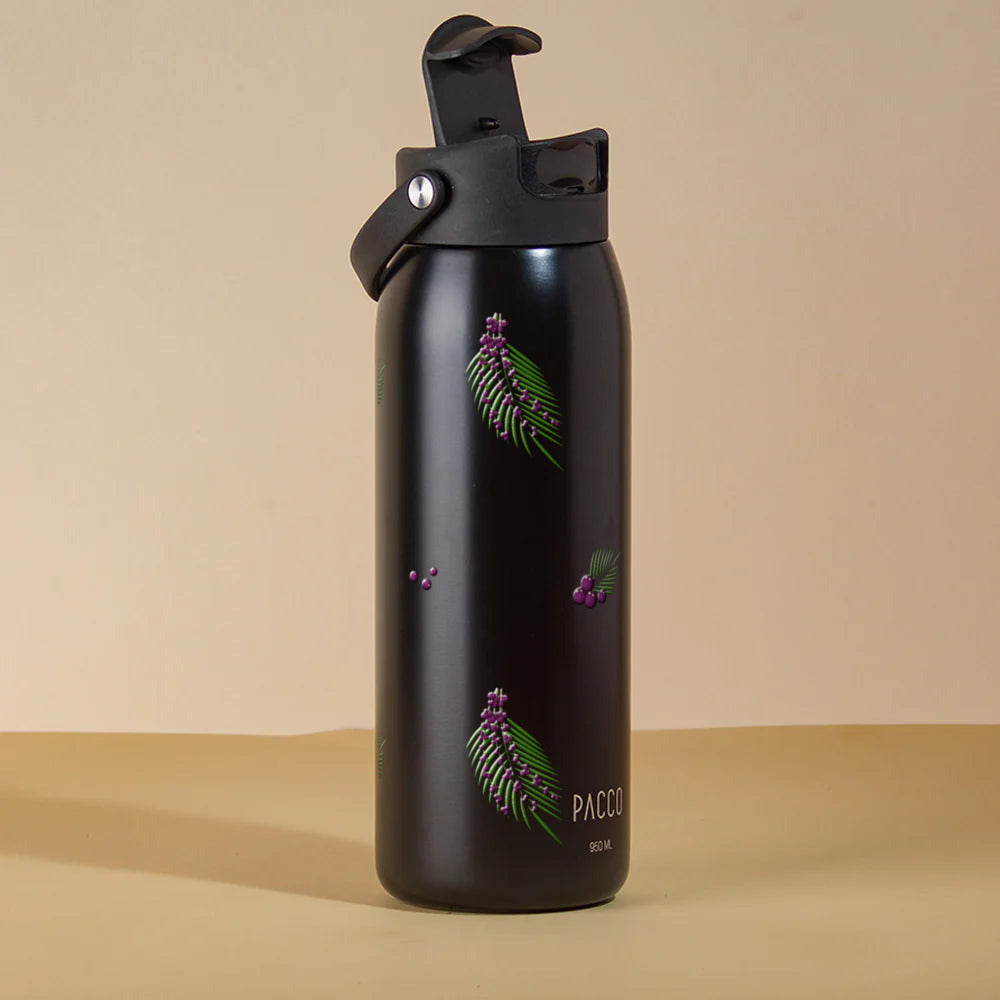 Garrafa Térmica PACCO Easy 950ml Açaí Preto, com a tampa aberta