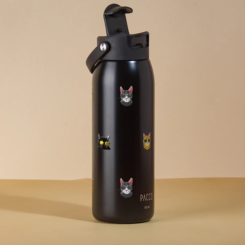 Garrafa Térmica PACCO Easy 950ml Gatos de Óculos Preto, com a tampa aberta