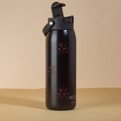 Garrafa Térmica PACCO Easy 950ml Floral Rosa Preto, com a tampa aberta
