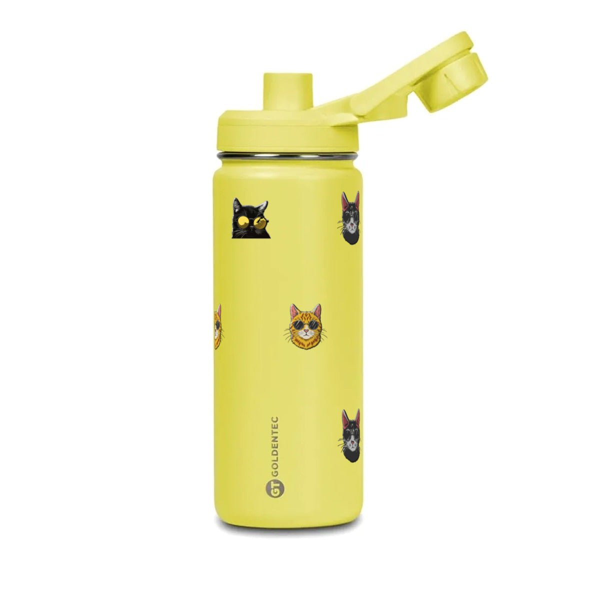 Garrafa Térmica Goldentec 500ml Gatos de Óculos Amarela, com a tampa aberta