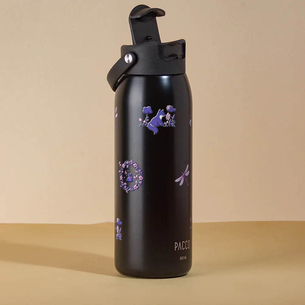 Garrafa Térmica PACCO Easy 950ml Natureza Lilás Preto, com a tampa aberta