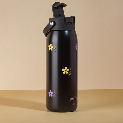 Garrafa Térmica PACCO Easy 950ml Floral Club Preto, com a tampa aberta
