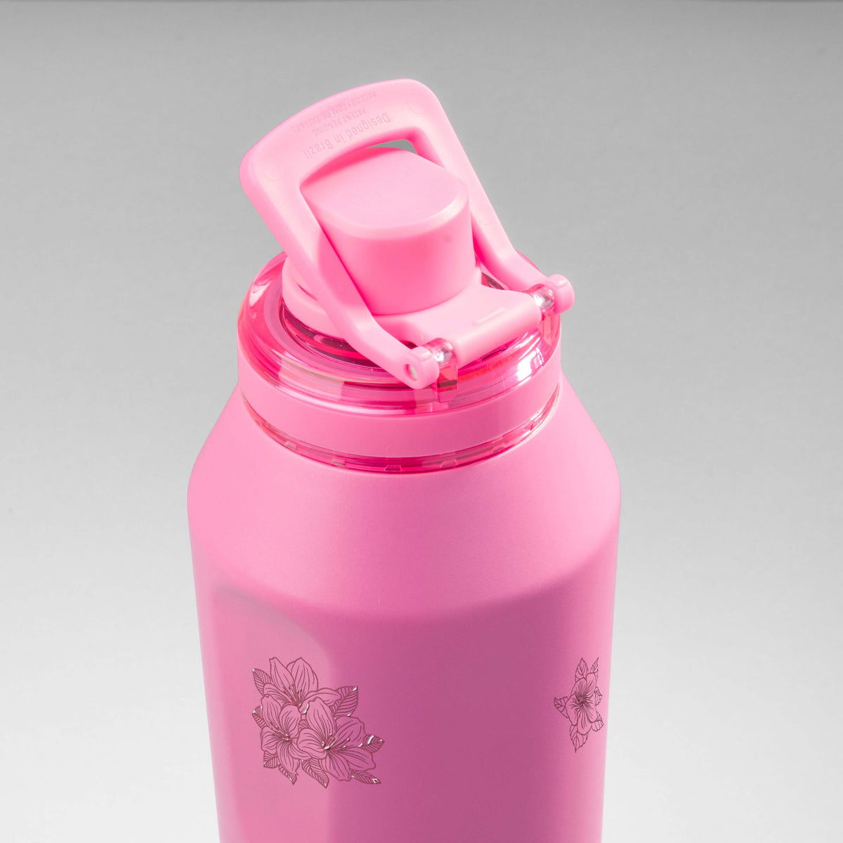 Garrafa Térmica PACCO Vyta 1200ml Floral Rosa Chiclete, vista de cima com a alça levantada