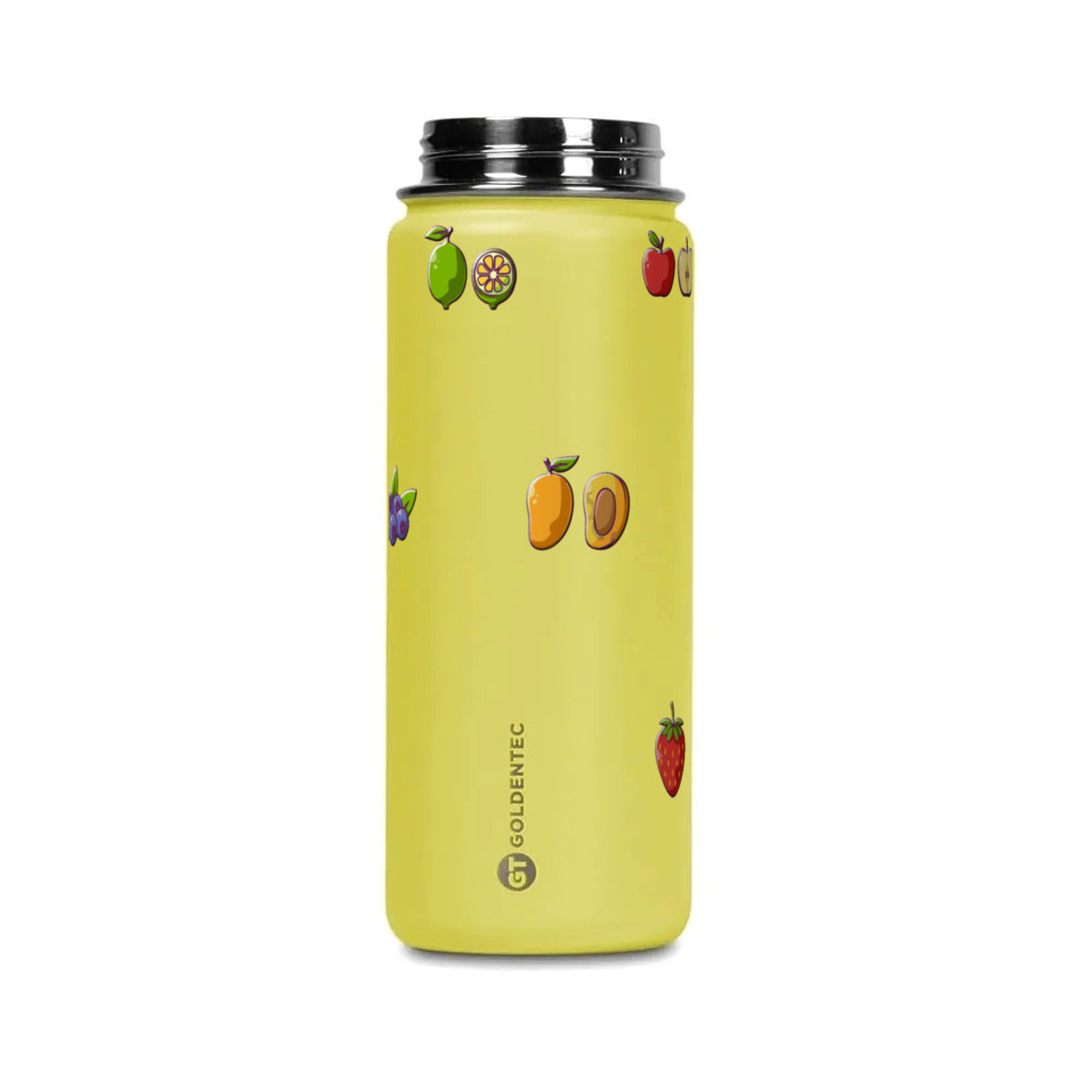 Garrafa Térmica Goldentec 500ml Frutas Amarela, tampa aberta