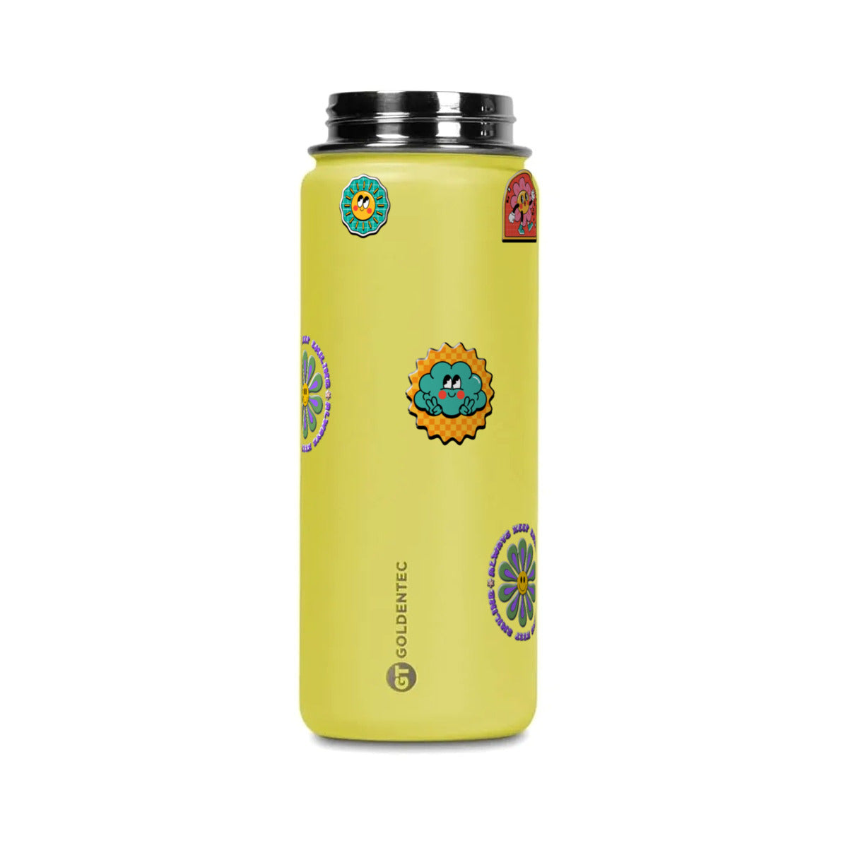 Garrafa Térmica Goldentec 500ml Retrô Good Vibes Amarela, tampa aberta
