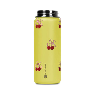 Garrafa Térmica Goldentec 500ml Cereja Pop Amarela, tampa aberta