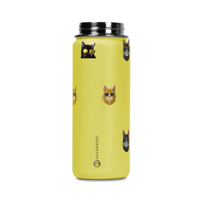 Garrafa Térmica Goldentec 500ml Gatos de Óculos Amarela, tampa aberta