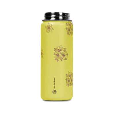 Garrafa Térmica Goldentec 500ml Floral Rosa Amarela, tampa aberta