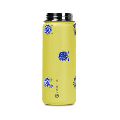 Garrafa Térmica Goldentec 500ml Porcelana de Coalas Amarela, tampa aberta