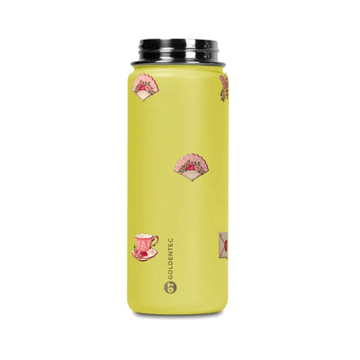 Garrafa Térmica Goldentec 500ml Rosé Romântico Amarela, tampa aberta