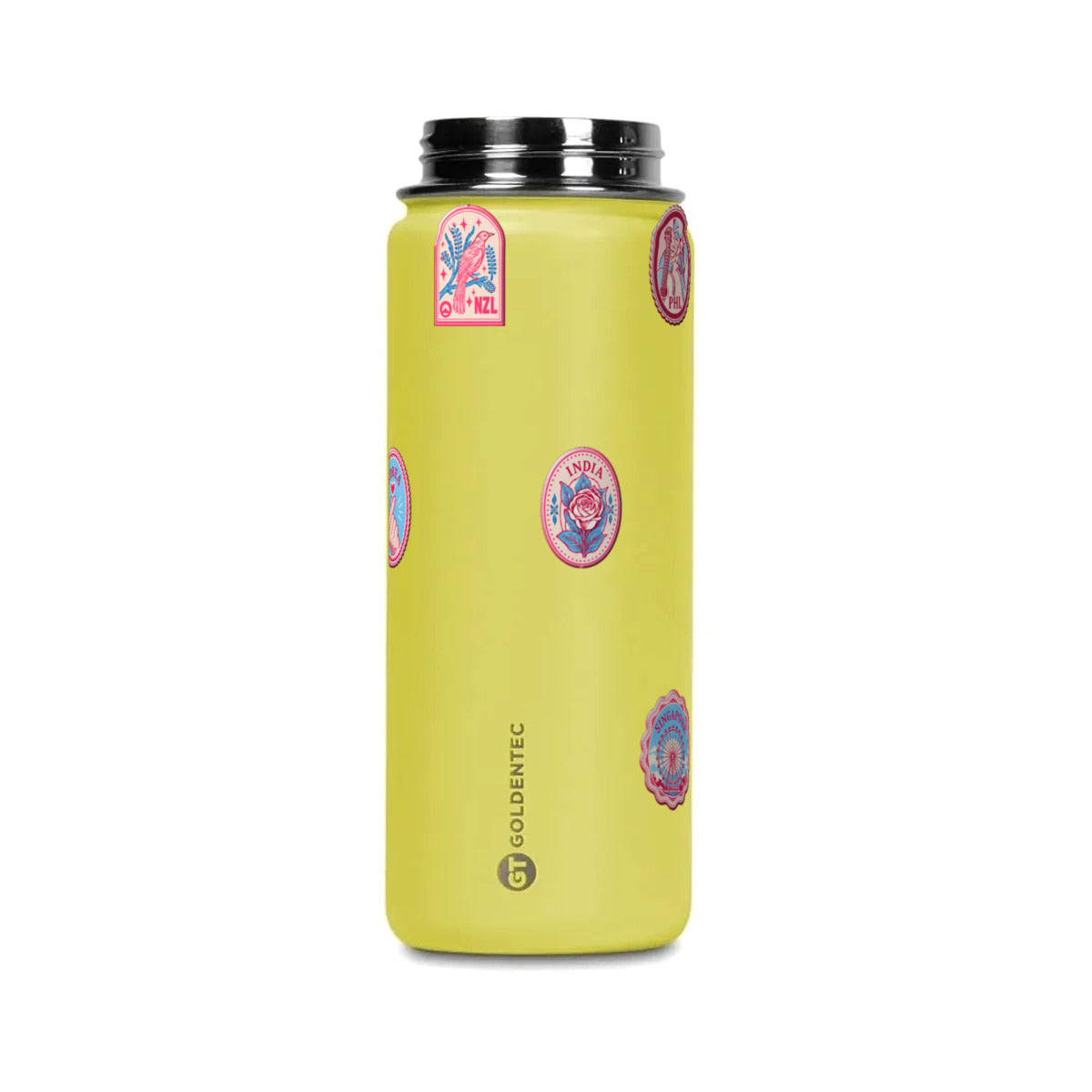 Garrafa Térmica Goldentec 500ml Selos de Viagem Amarela, tampa aberta
