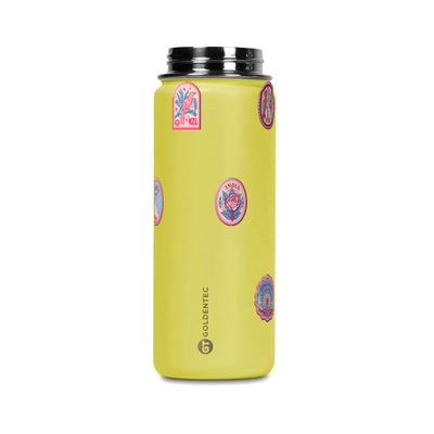 Garrafa Térmica Goldentec 500ml Selos de Viagem Amarela, tampa aberta
