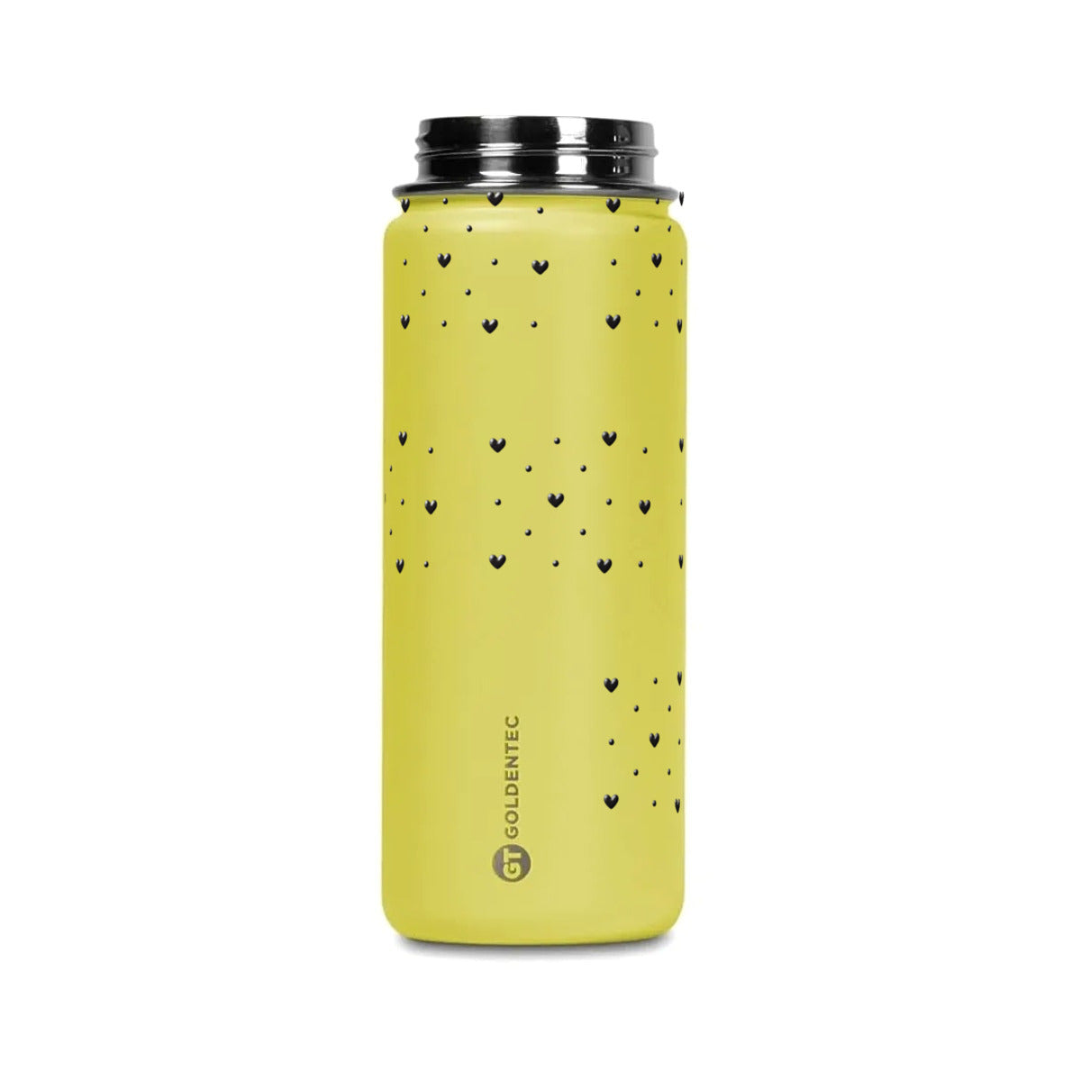 Garrafa Térmica Goldentec 500ml Corações Preta Amarela, tampa aberta