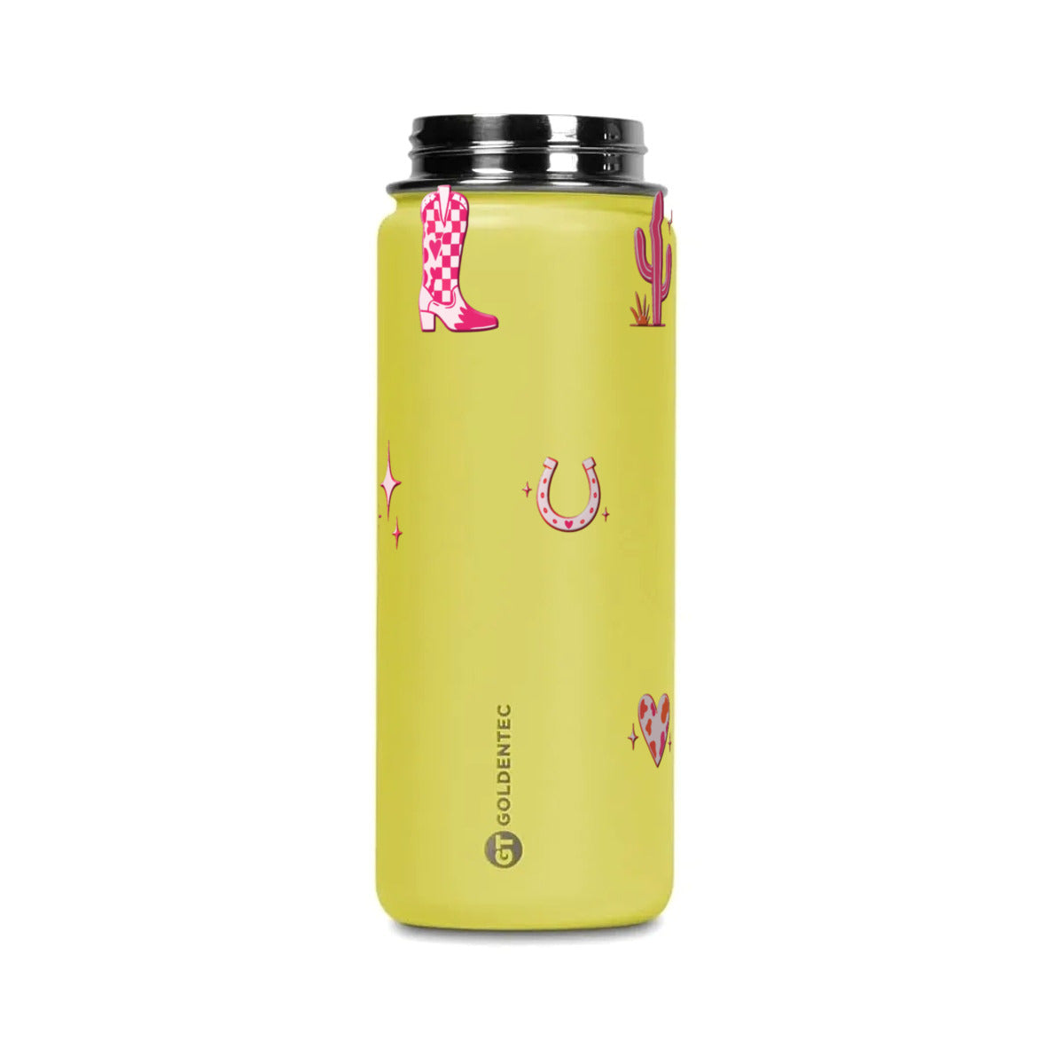 Garrafa Térmica Goldentec 500ml Country Rosa Amarela, tampa aberta