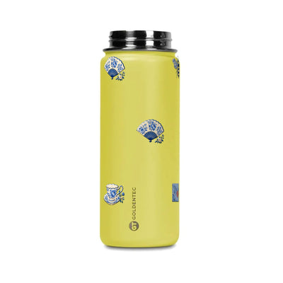 Garrafa Térmica Goldentec 500ml Porcelana Azul Amarela, tampa aberta