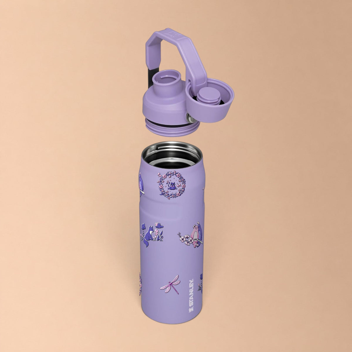 Garrafa Térmica Stanley Aerolight Fast Flow 710ml Natureza Lilás Lavender, com a tampa aberta