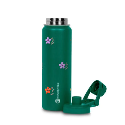 Garrafa Térmica Goldentec 750ml Floral Club Verde Militar, com a tampa aberta
