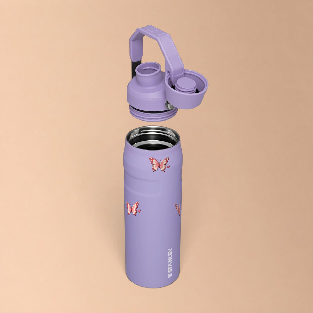 Garrafa Térmica Stanley Aerolight Fast Flow 710ml Rosé Butterfly Lavender, com a tampa aberta